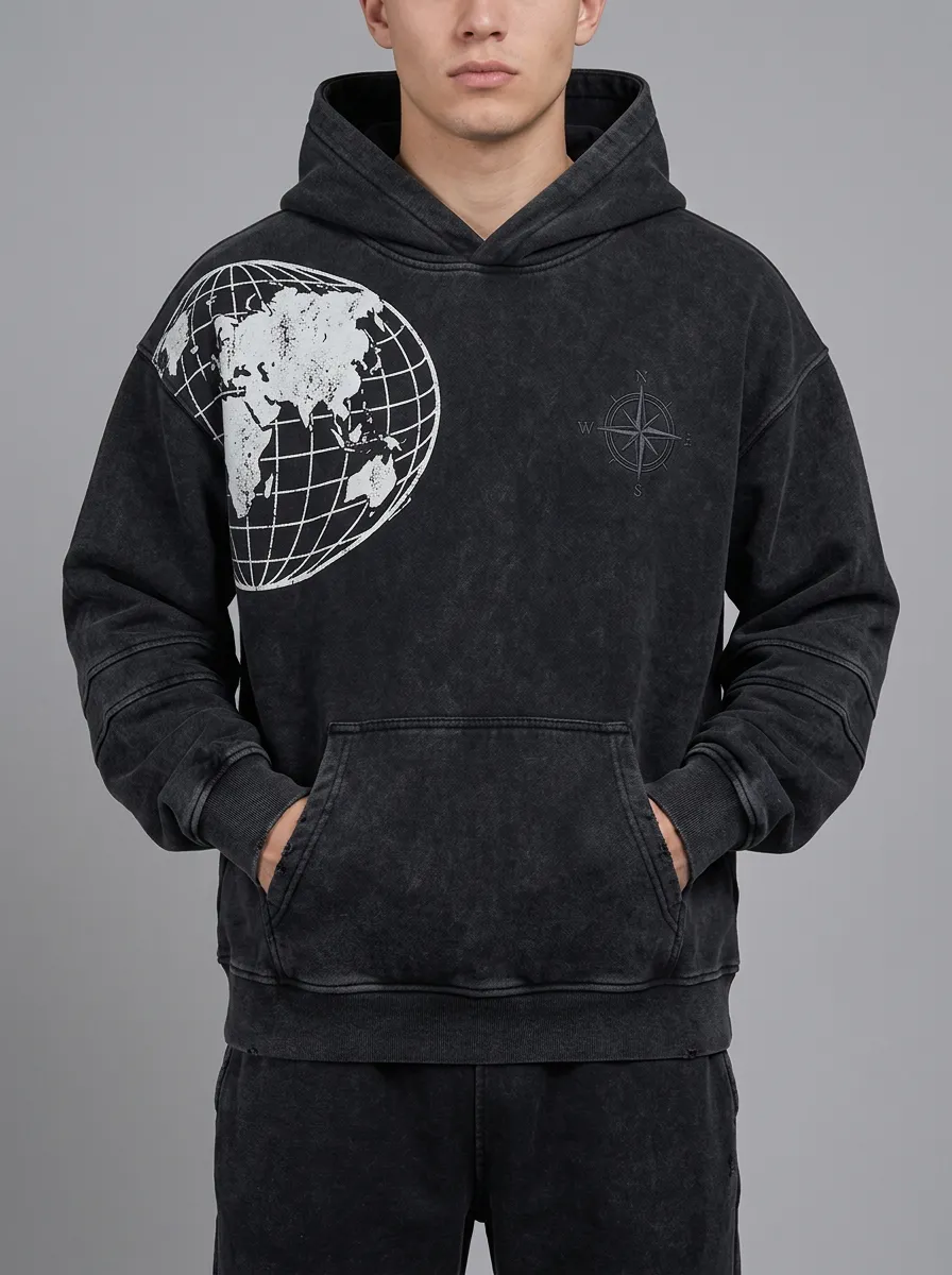 Men's Travel Explorer World Map Compass Printed Hoodie