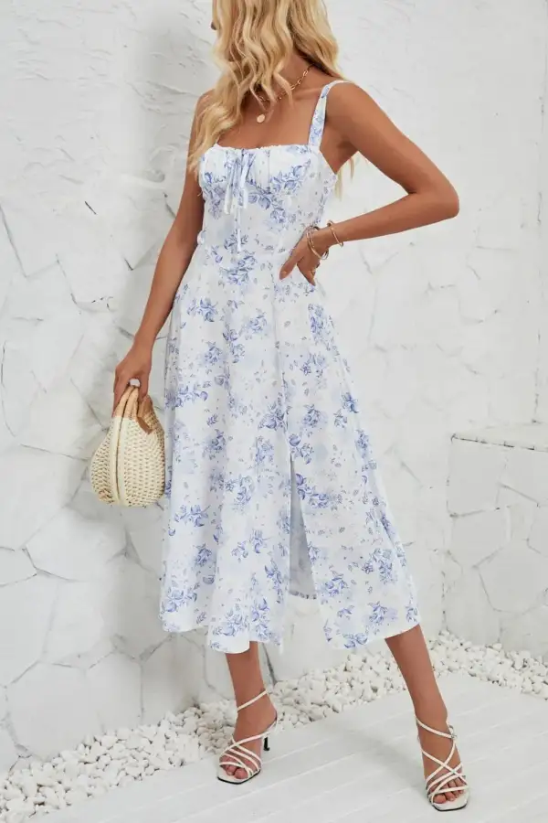 Smooth Finish Floral Printed Slit Dress