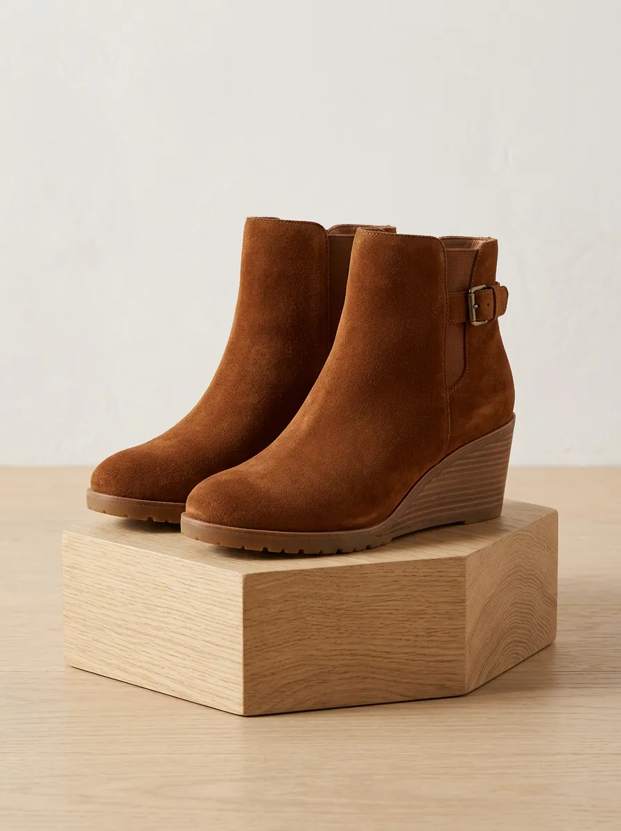 Buckle-Strap Buckle-Detail Suede-Look Women's Wedge Ankle Boots