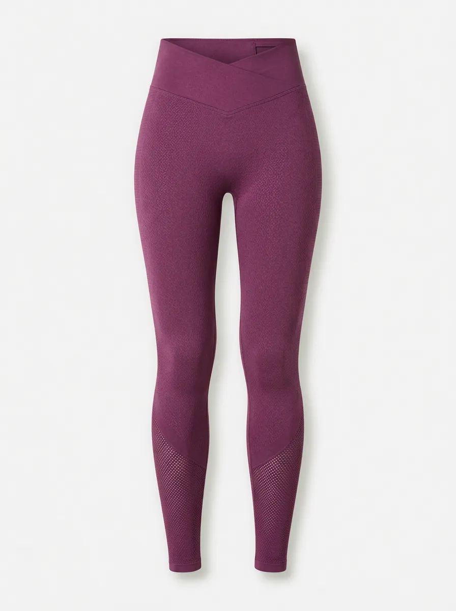 Women's Fitness Yoga Burgundy V-Waist Mesh Textured Leggings