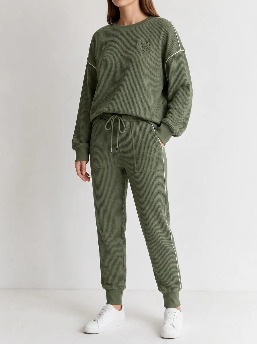 Unisex Olive Waffle Knit Floral Embroidered Long Sleeve Top
