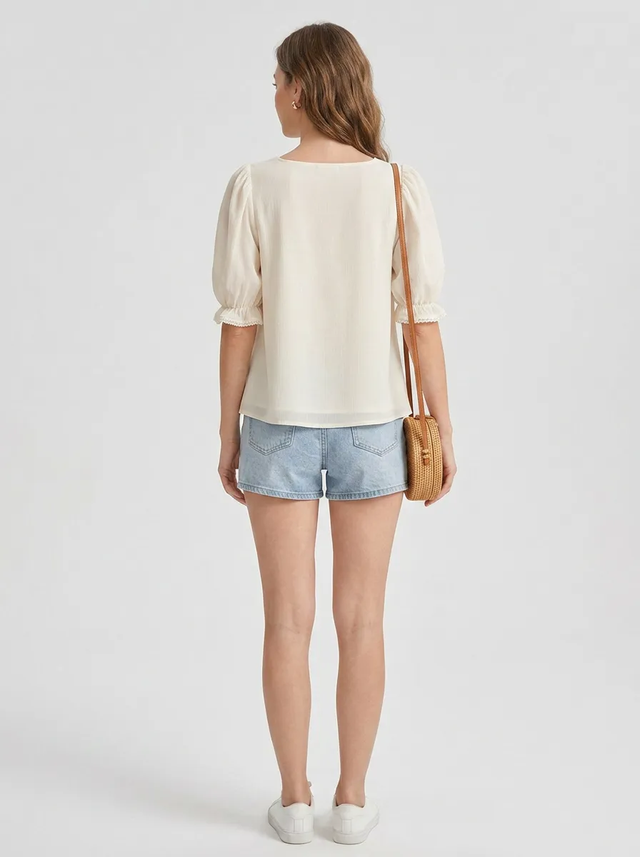 Embroidered Eyelet Button-Front Women's Puff-Sleeve Blouse