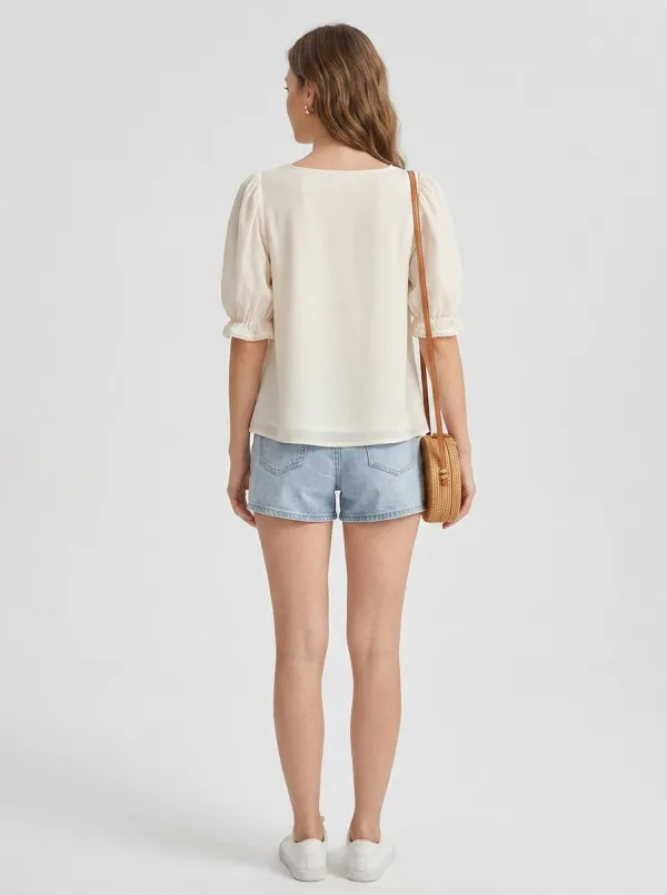 Embroidered Eyelet Button-Front Women's Puff-Sleeve Blouse