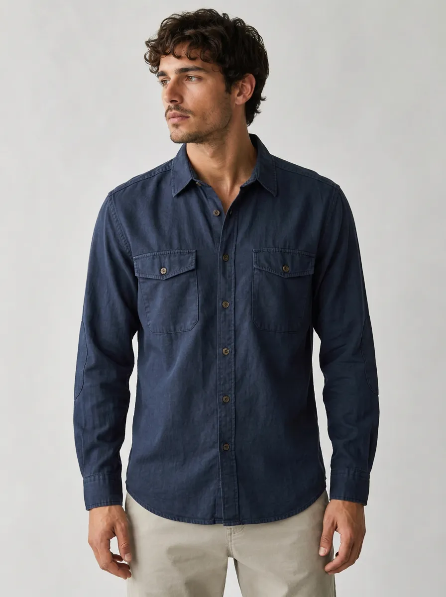 Men's Casual Navy Blue Double Pocket Long Sleeve Shirt