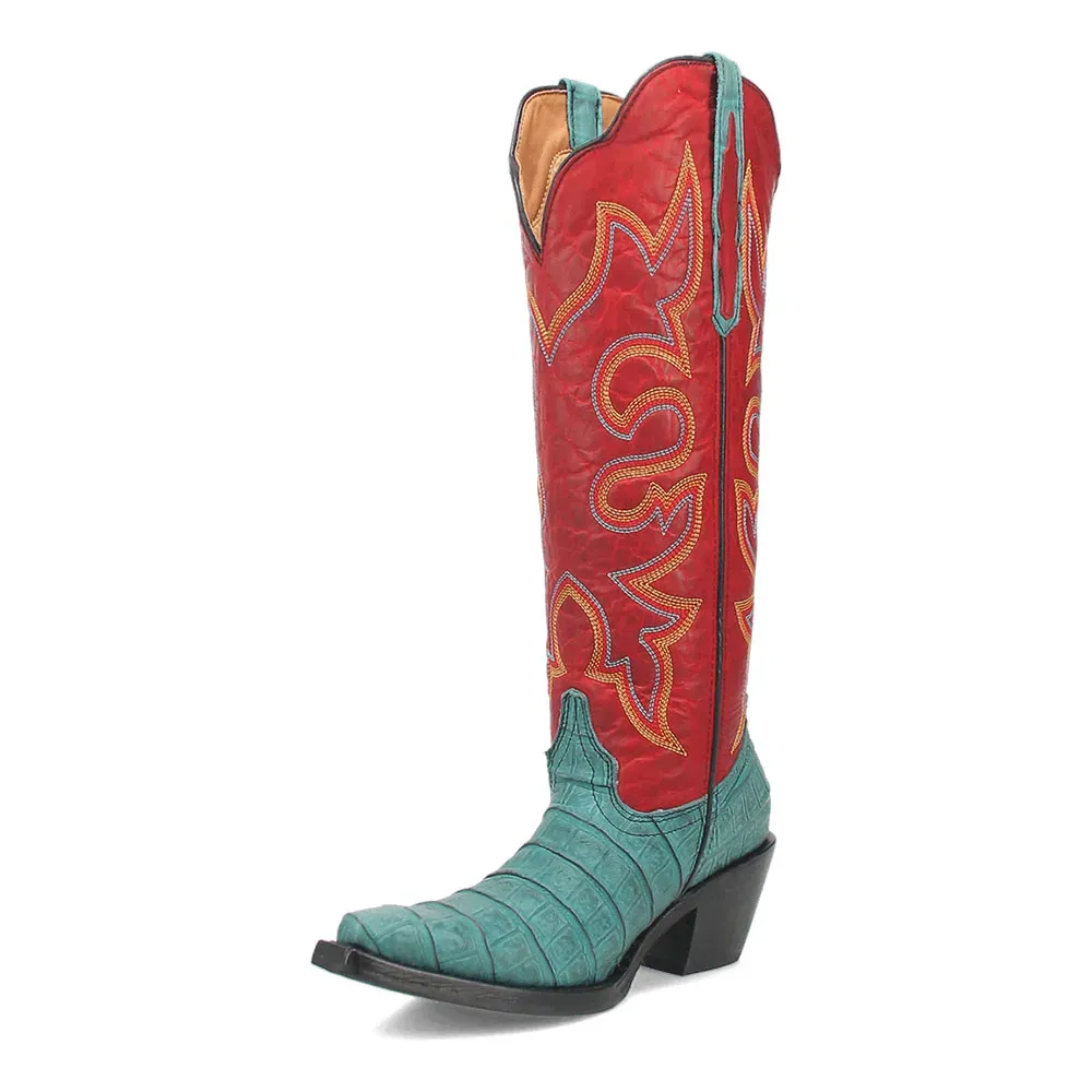 Faux-Leather Crocodile-Embossed Embroidered Snip-Toe Mid-Calf Boots