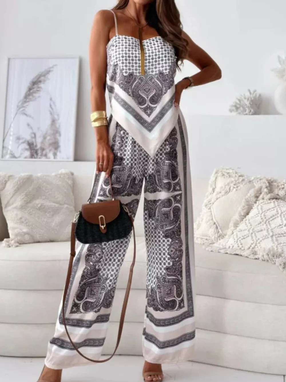 Printed Cami and Wide Leg Pants Set