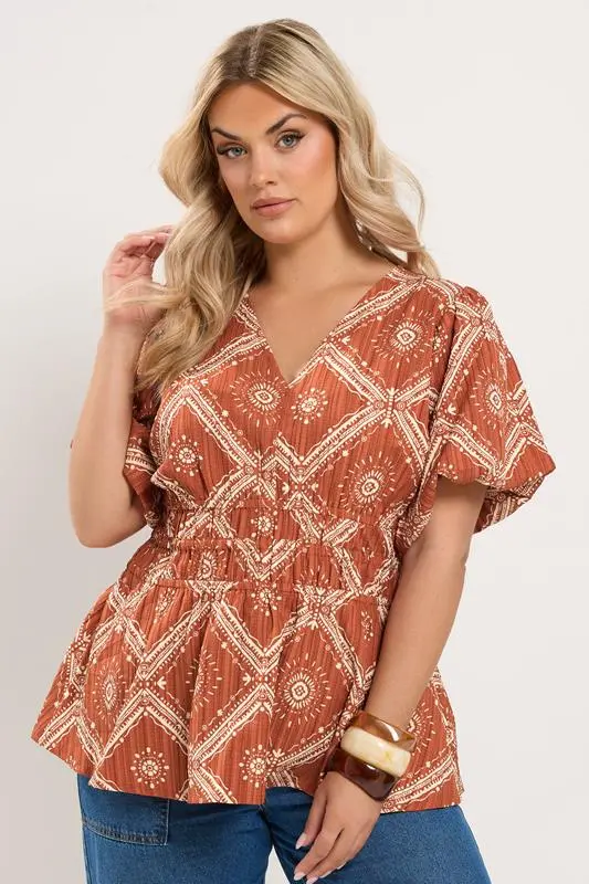 Orange Abstract Puff Sleeve Blouse