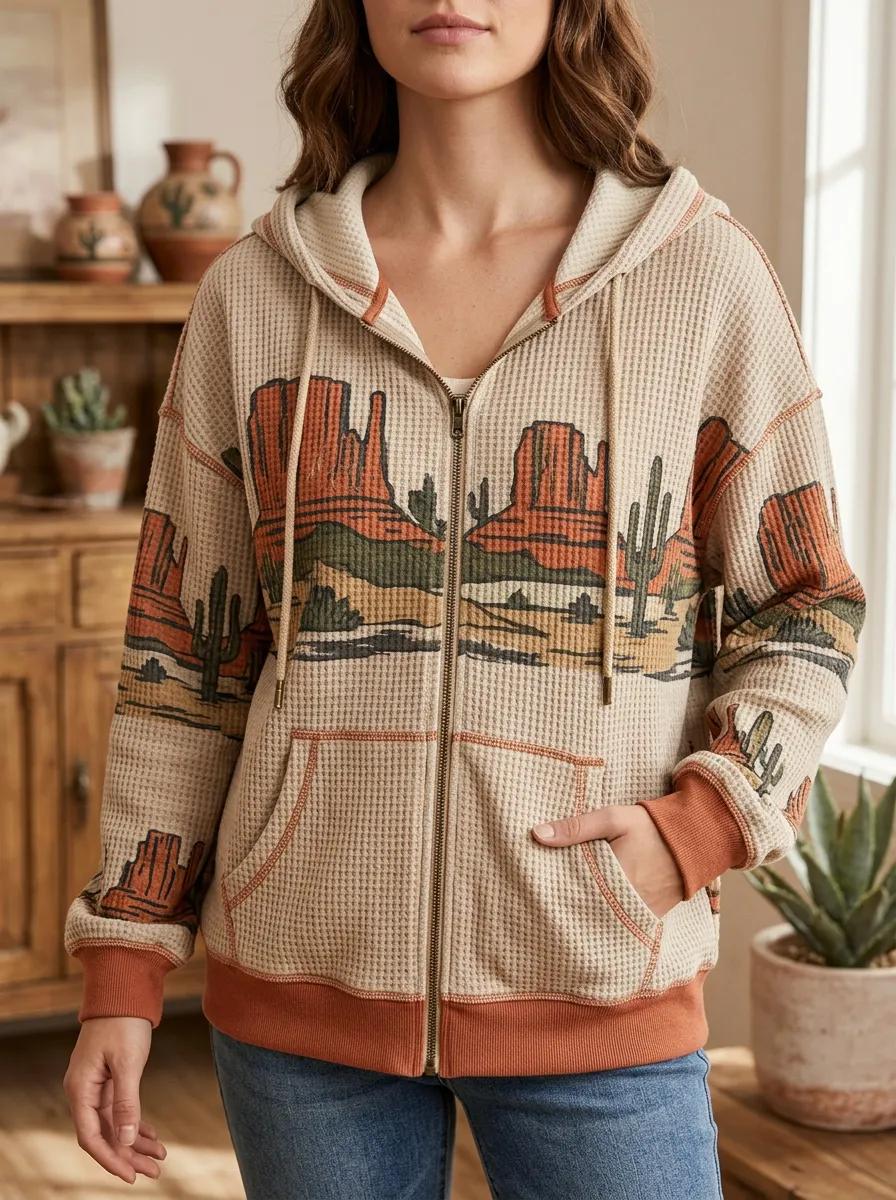 Women's Desert Cactus Landscape Signature Motif Waffle Zip-Up Hoodie
