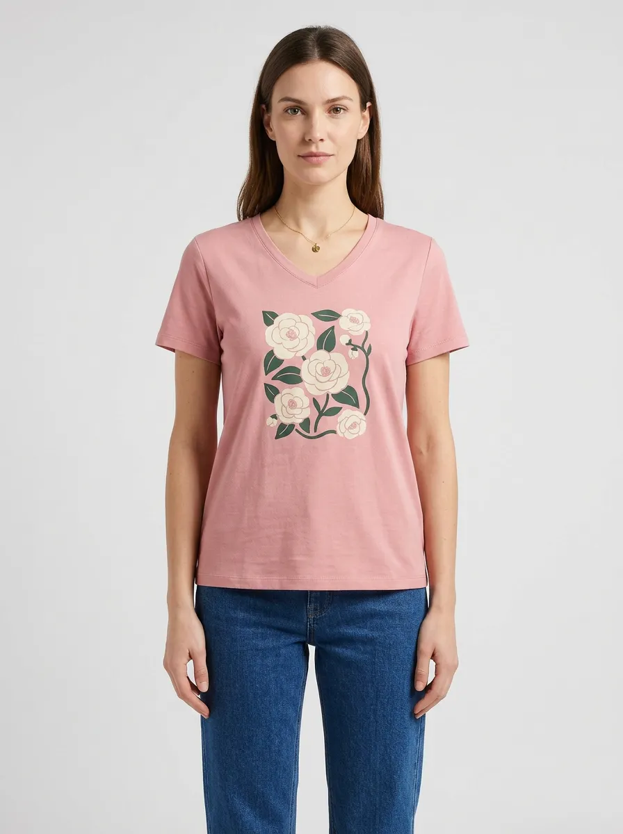 Women's V-Neck Graphic-Print Floral-Motif T-Shirt