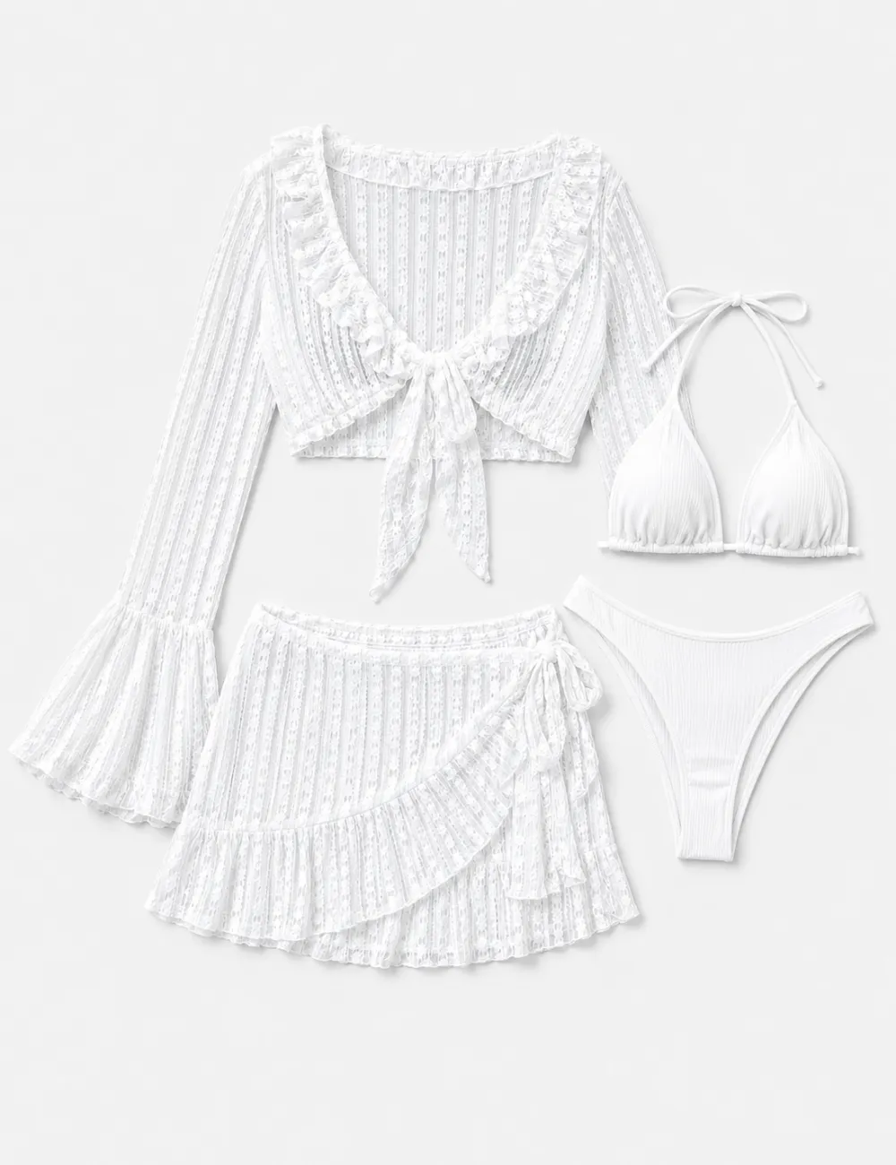 Solid Color Triangle Bikini Four Piece Set with Cover Up and Mini Skirt
