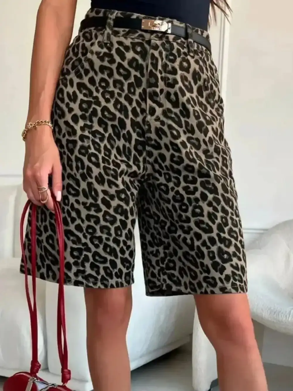 Leopard Print High Waisted Casual Shorts