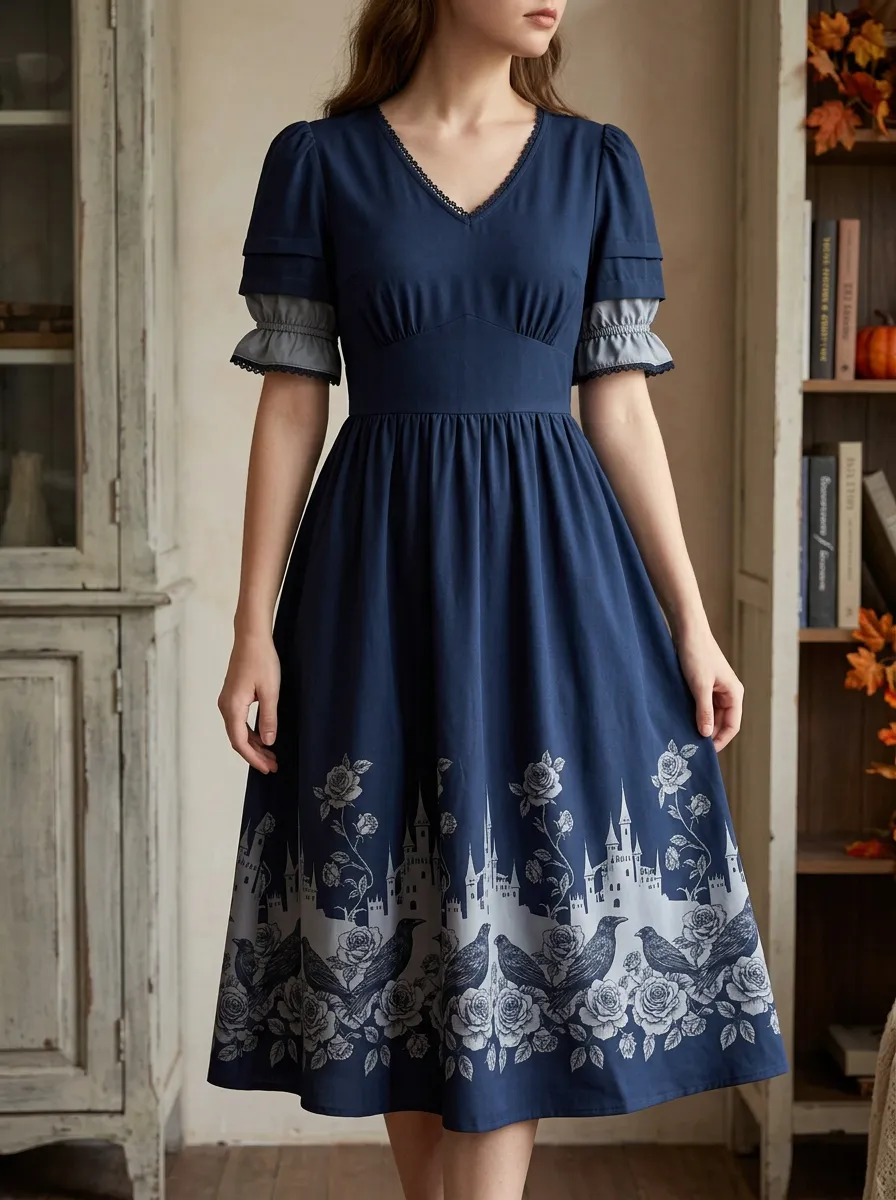 Women's Halloween Gothic Castle Raven Rose Printed Dress