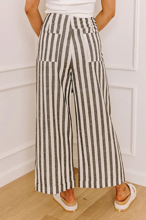 High Waist Wide Leg Striped Linen Cuffed Pants