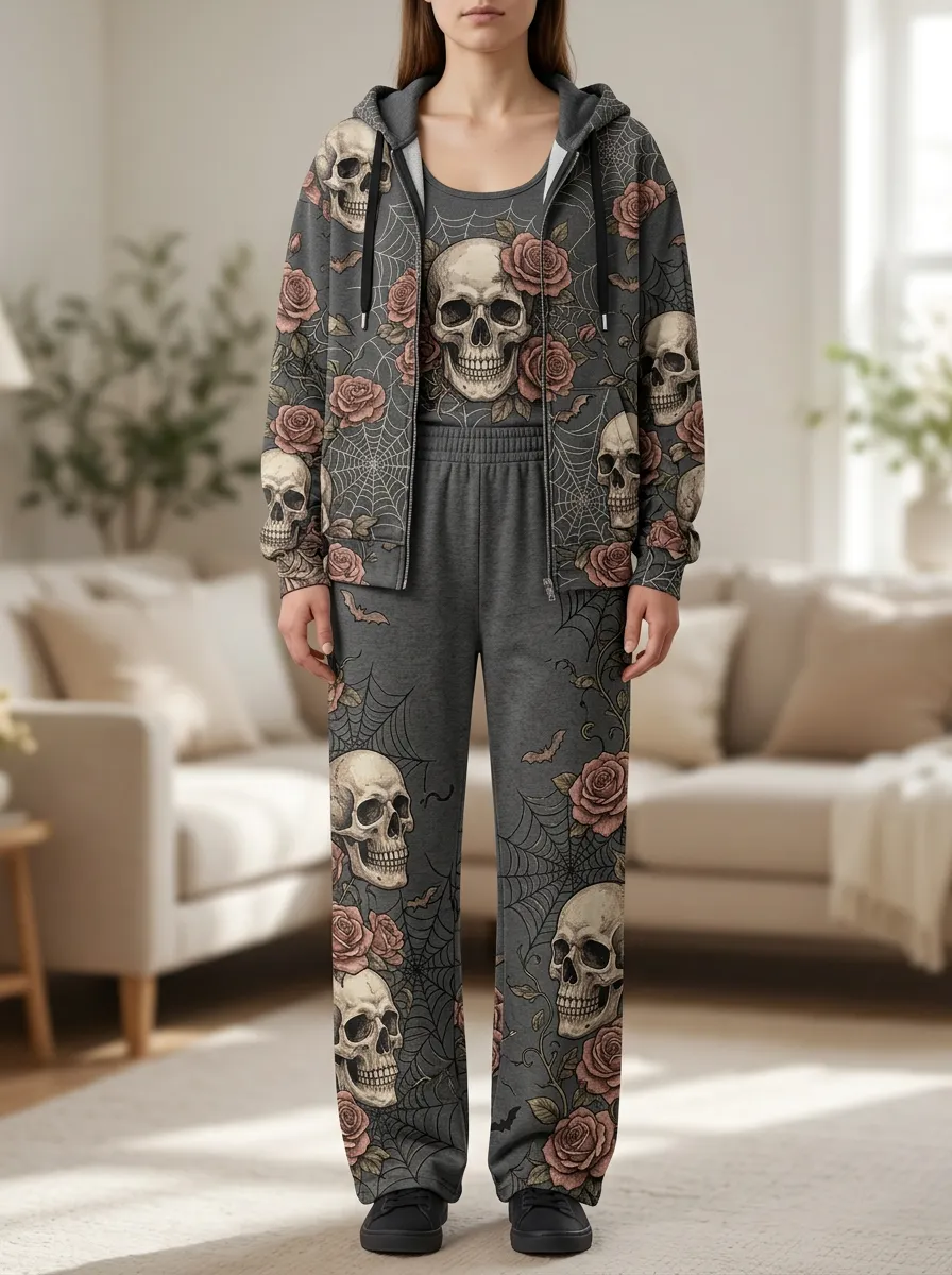 Women's Halloween Gothic Skull Rose Spiderweb Graphic Hoodie Lounge Set
