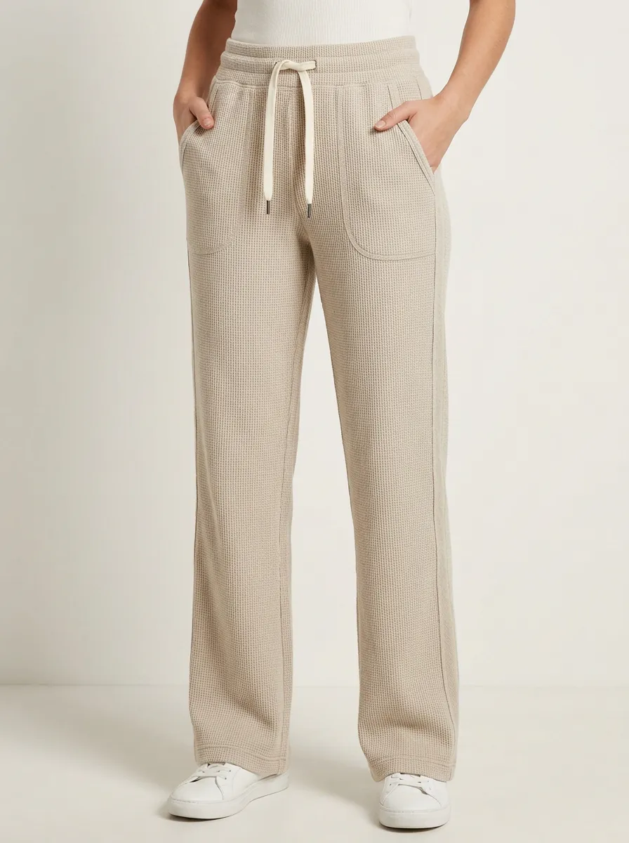 Women's Casual Waffle Knit Drawstring Beige Lounge Pants