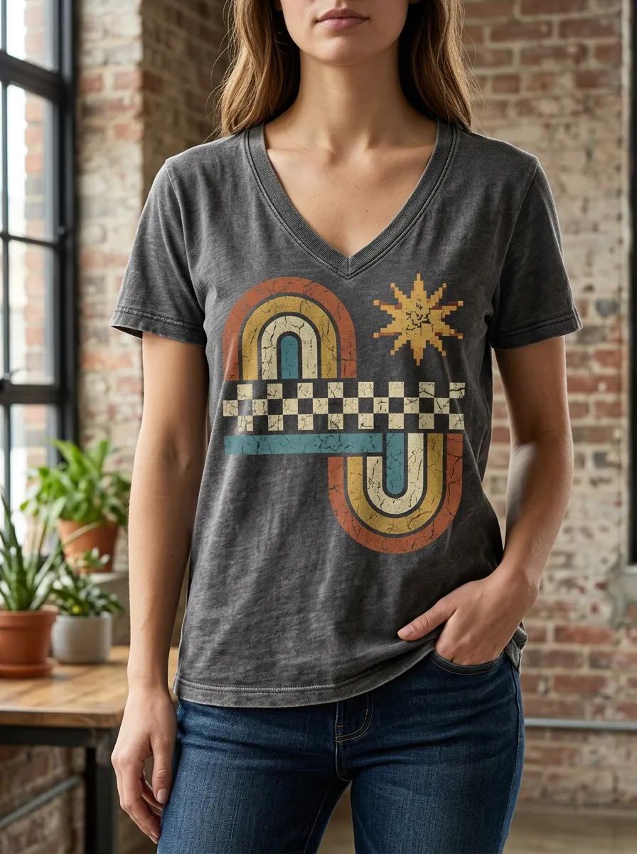 Women's Retro Rainbow Checkerboard Sun Printed V-Neck T-Shirt