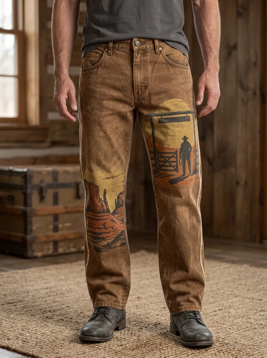 Men's Western Cowboy Desert Landscape Printed Pants