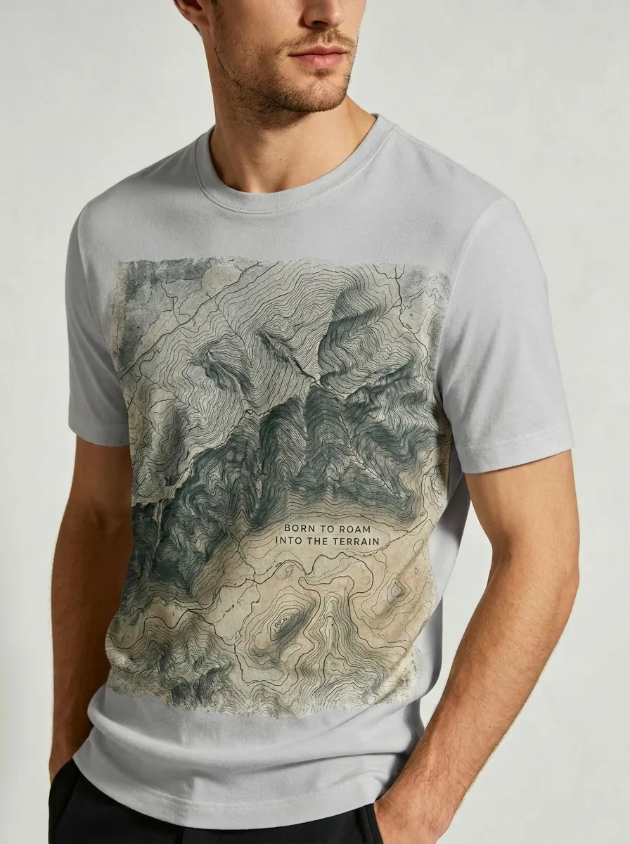Men's Hiking Lover Topographic Map Born To Roam Printed T-shirt