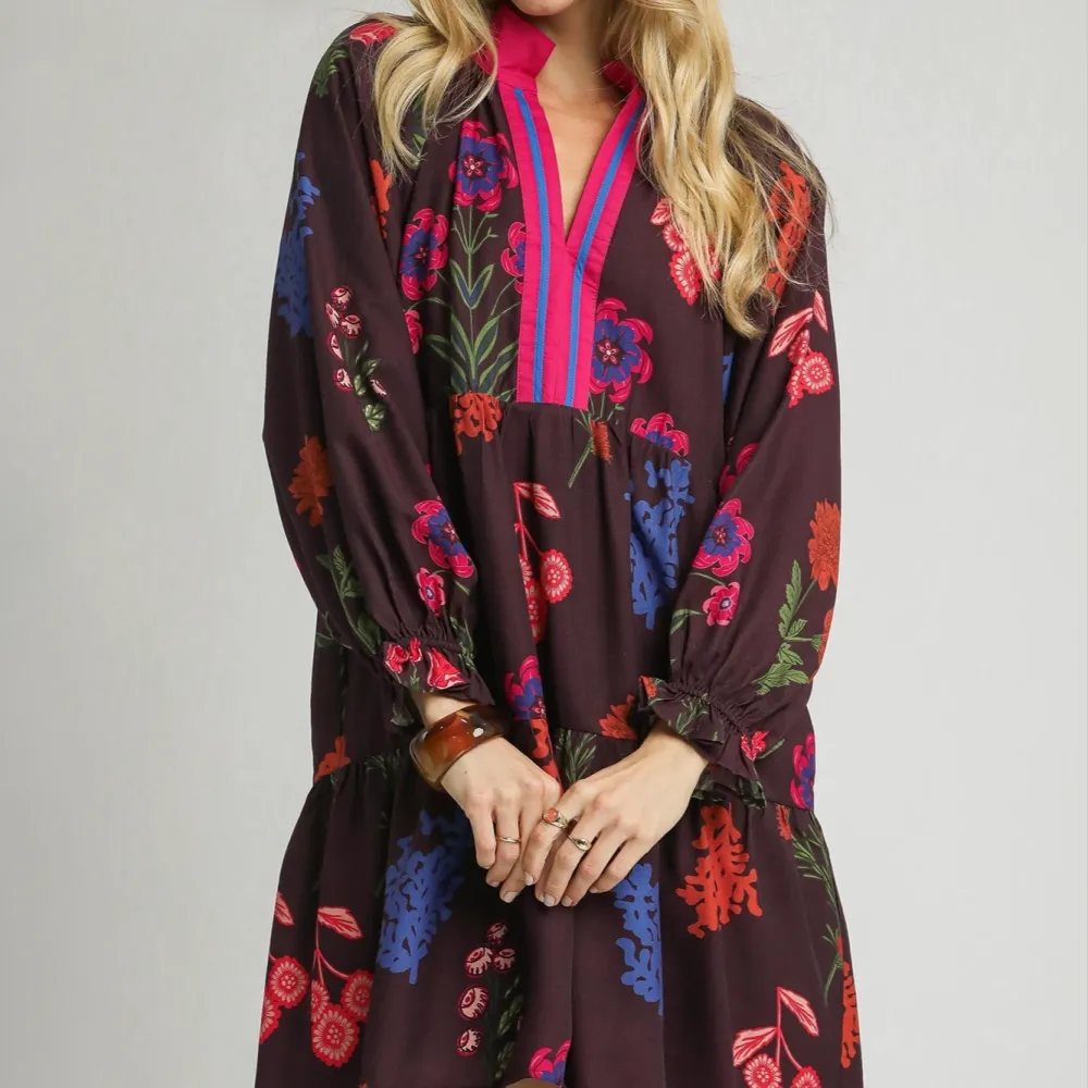 Modern Floral Striped Tiered Ruffle Detail Dress