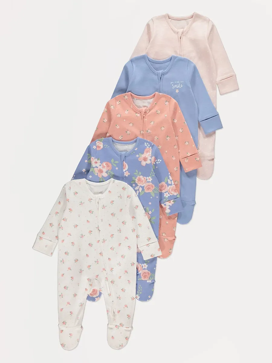 Floral Zip Fasten Long Sleeve Sleepsuits 5 Pack