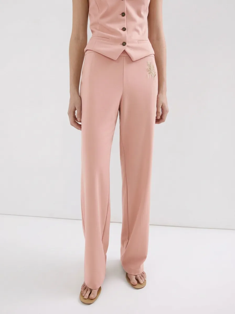 Women's Minimalist Floral Embroidery Beige Mid-Rise Straight Leg Pants