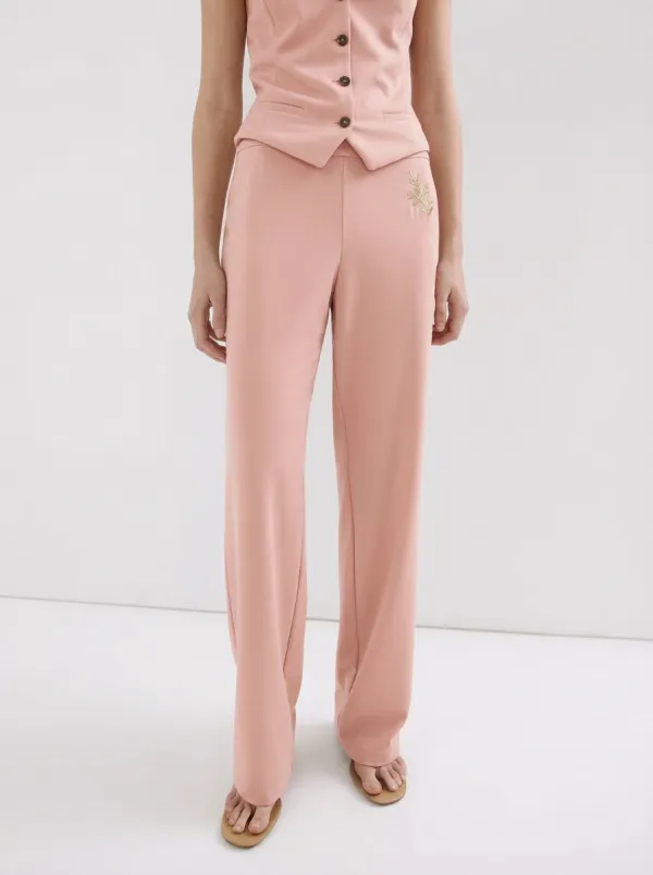 Women's Minimalist Floral Embroidery Beige Mid-Rise Straight Leg Pants