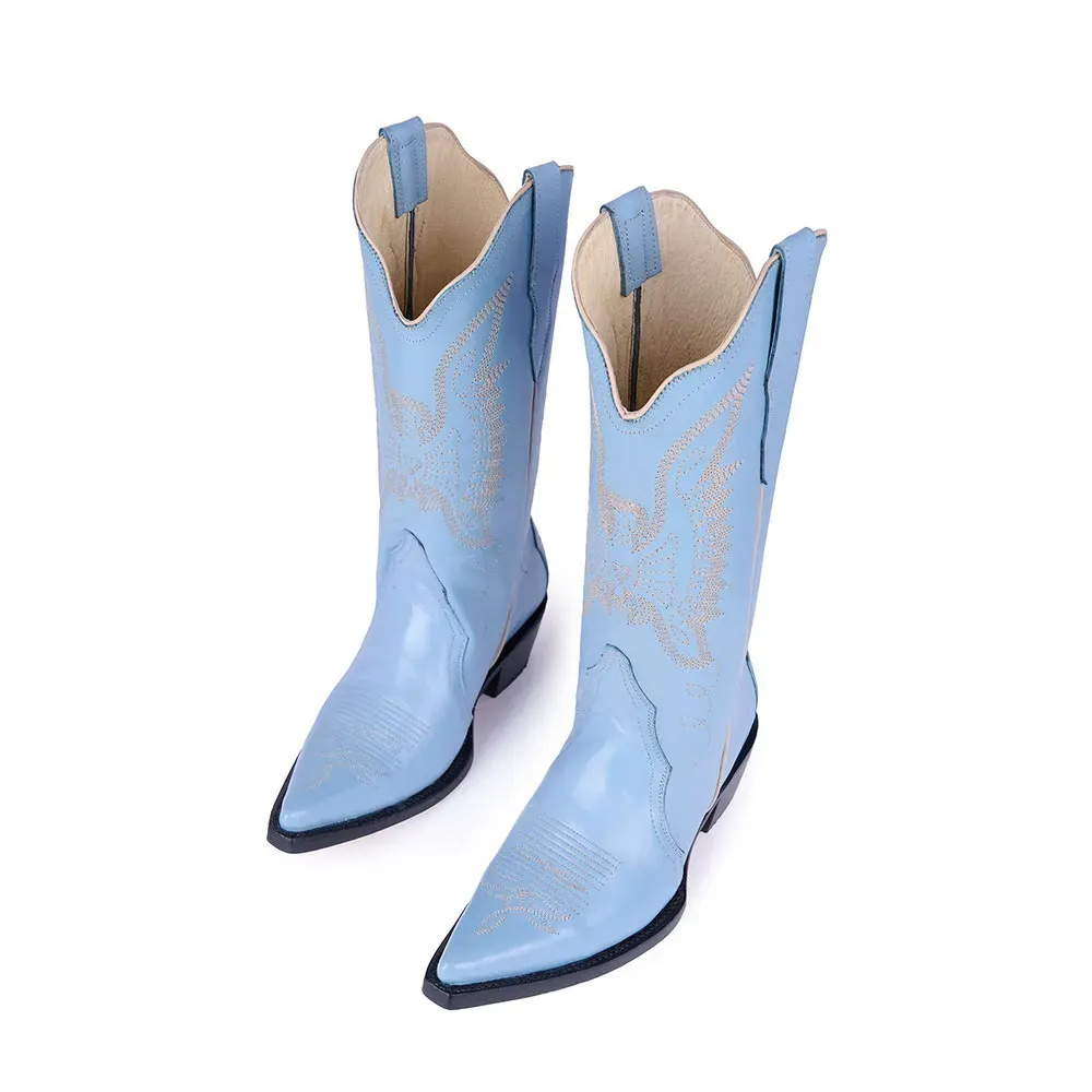 Modern Faux-Leather Embroidered Snip-Toe Block-Heel Mid-Calf Boots