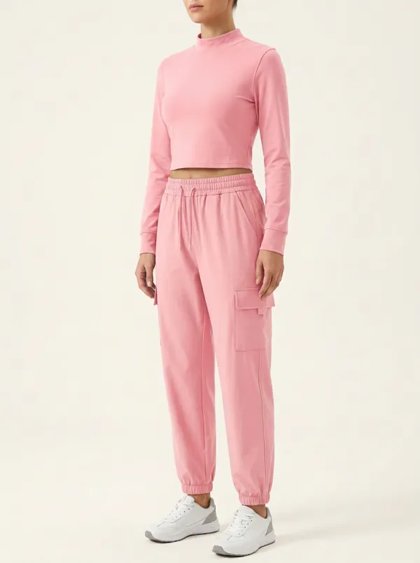 Women's Mock-Neck Fitted Crop Top and Cargo Jogger Set