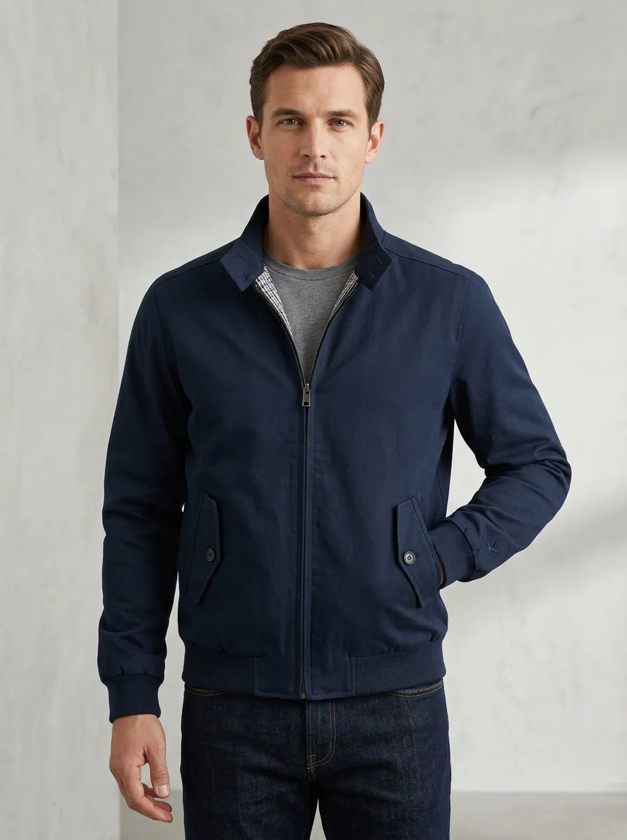 Men's Casual Classic Navy Gingham Lined Zip-Up Jacket
