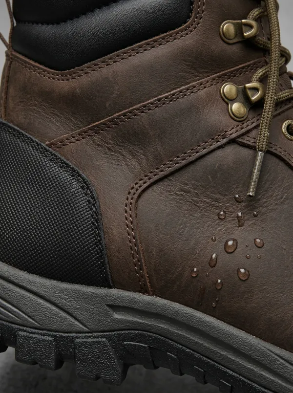 Men's Outdoor Waterproof Brown Leather Work Boots with Printed Detail