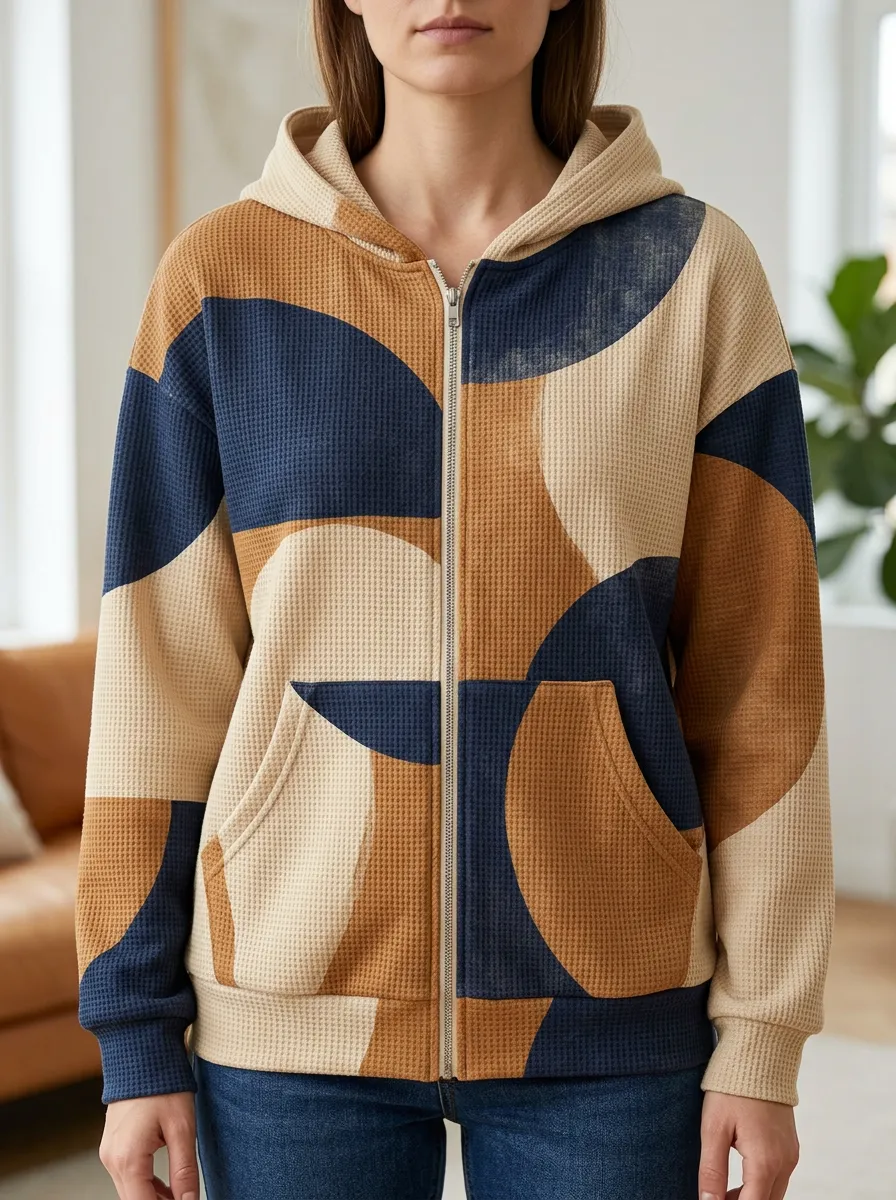 Women's Geometric Abstract Pattern Printed Waffle Zip Hoodie