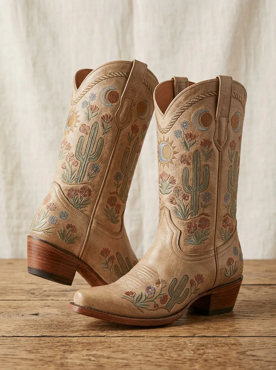 Desert Cactus Sun Floral Pattern Unisex Western Cowboy Boots