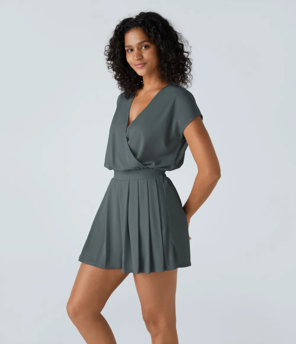 V Neck Short Sleeve Pocket Waffle Casual Romper