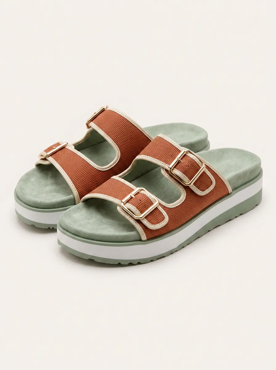Women's Casual Two-Strap Buckle Platform Printed Sandals