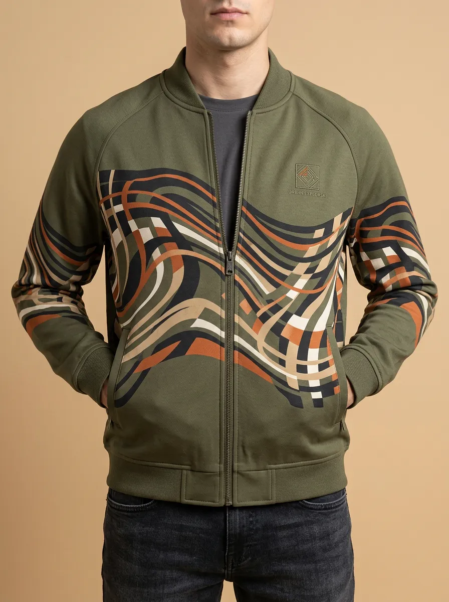 Wave Print Panel Detail Bomber Jacket