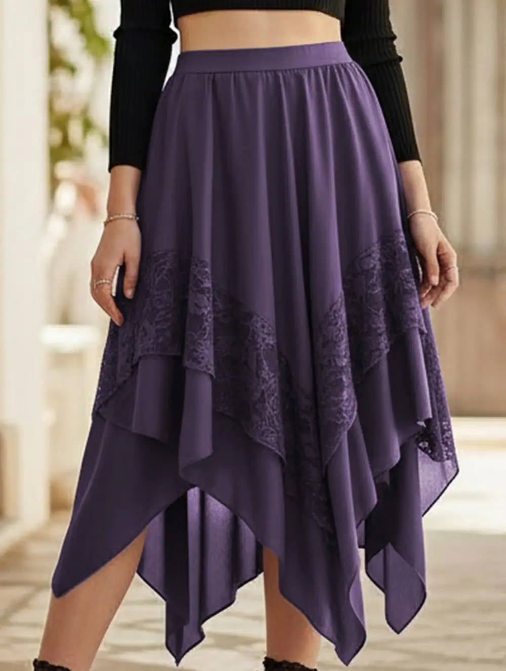 Lace Asymmetric Midi Skirt