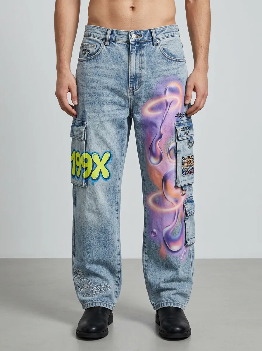 Men's Streetwear 199X Graffiti Liquid Metal Graphic Cargo Jeans