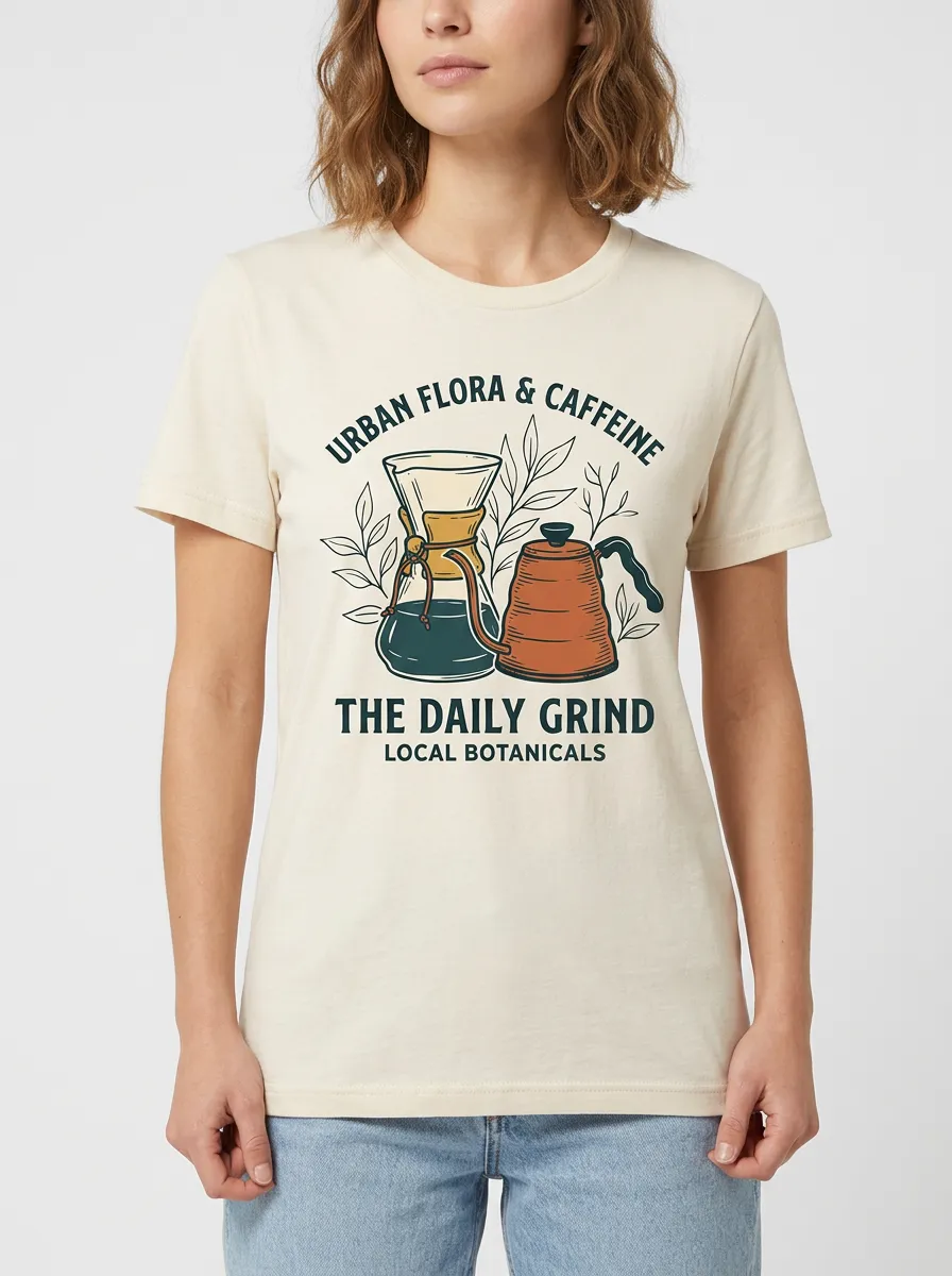 Women's Coffee-Inspired Botanical Pour Over Printed T-Shirt