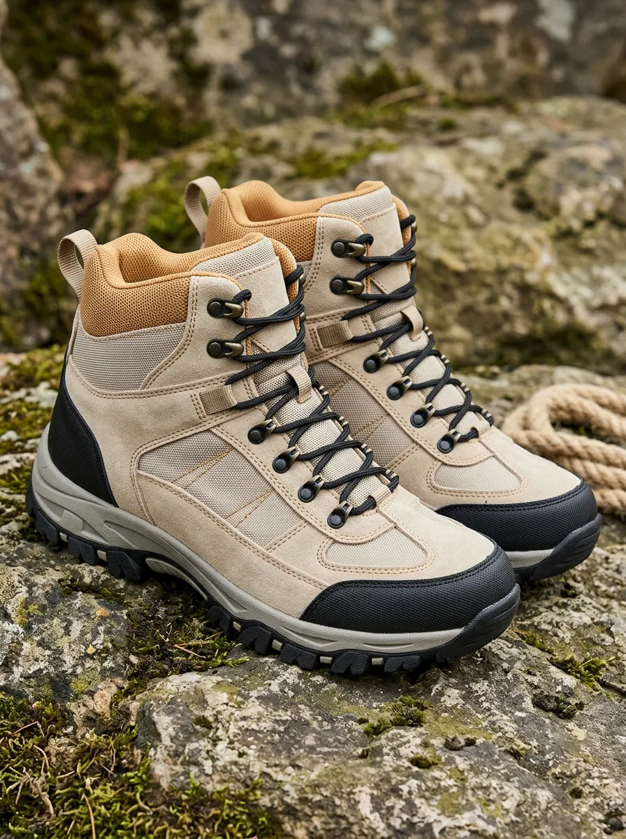 Unisex Rustic Outdoor Hiking Beige Suede Printed Boots
