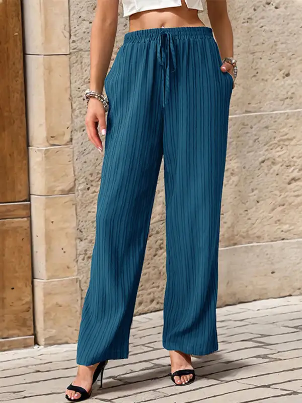 Pleated Textured Elastic Straight Pants