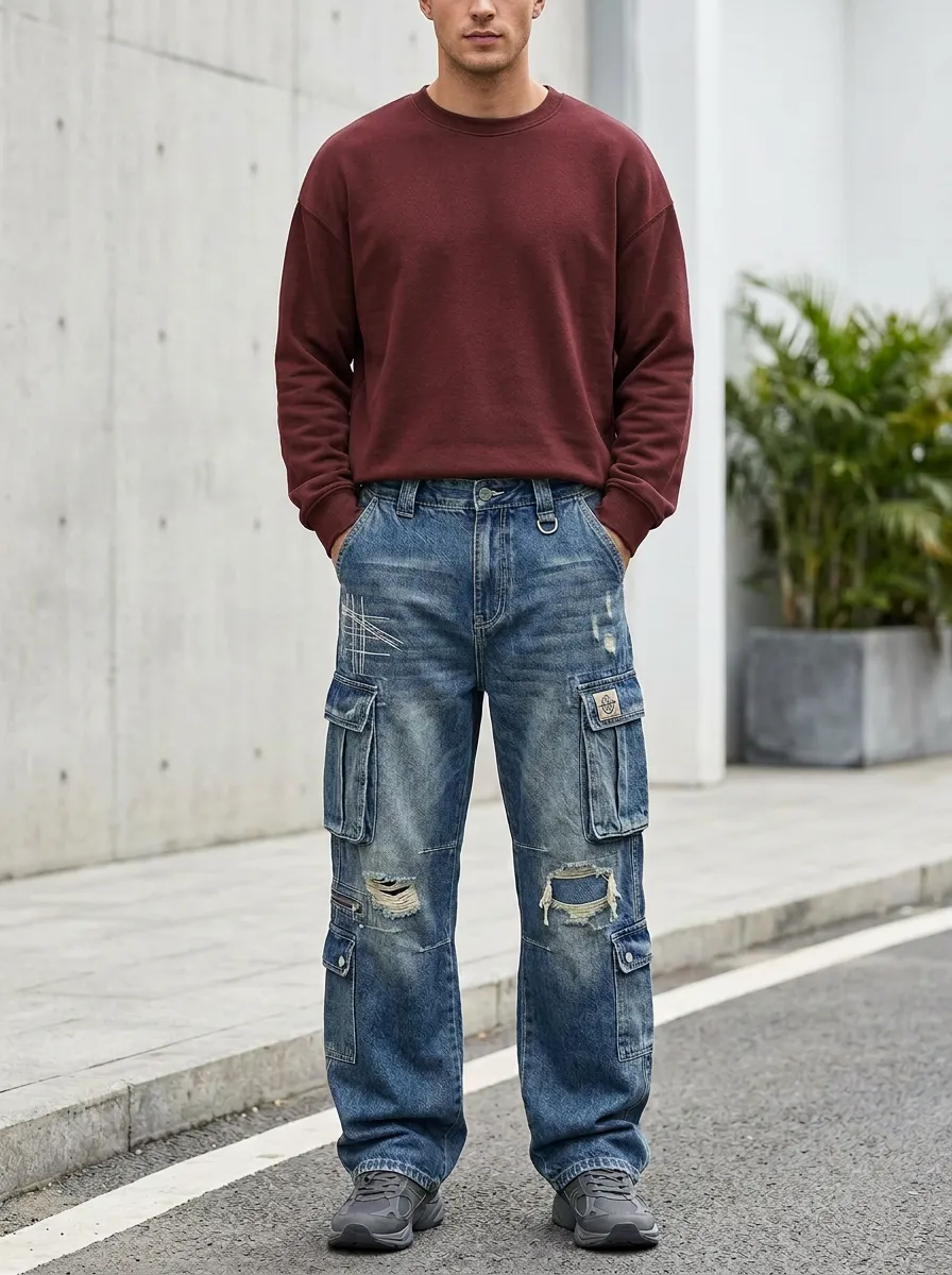 Men's Blue Distressed Cargo Pants