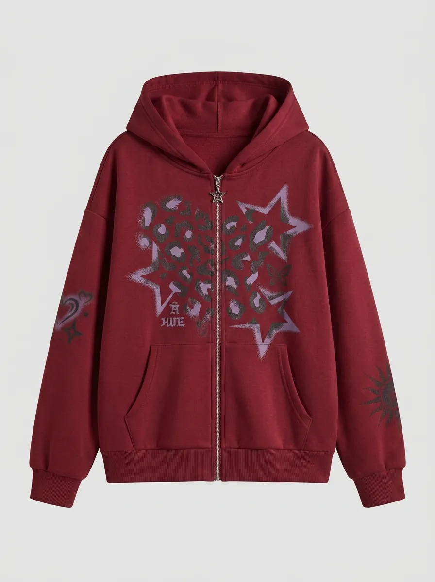 Women's Y2K Streetwear Leopard Star Butterfly Printed Zip Up Hoodie