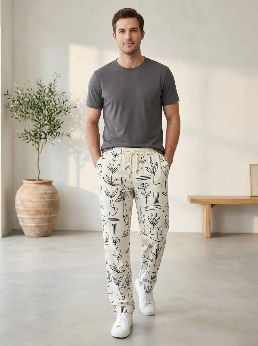Men's Botanical Line Art Pattern Pants