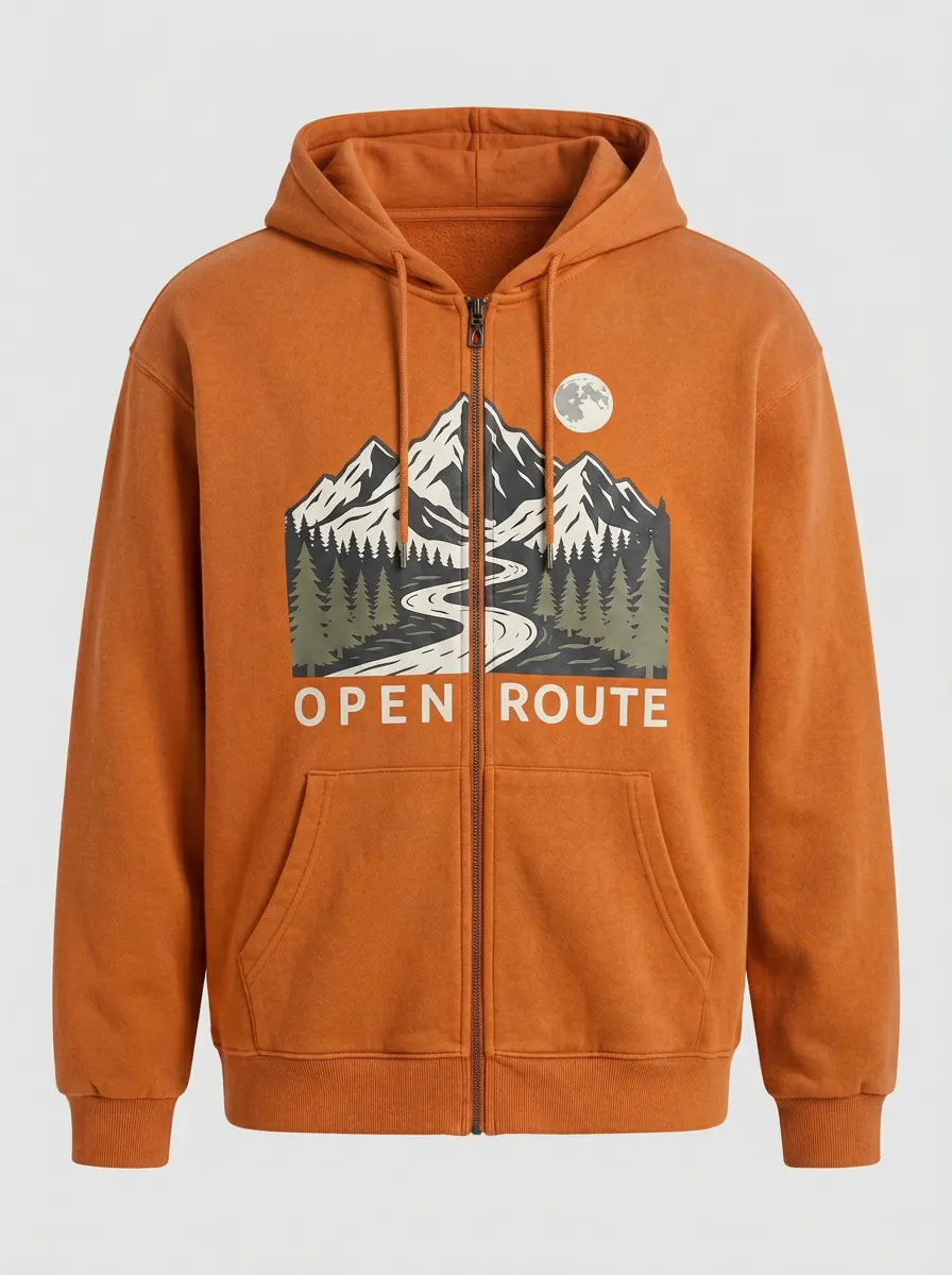 Unisex Outdoor Adventure Mountain Moon Printed Zip Hoodie