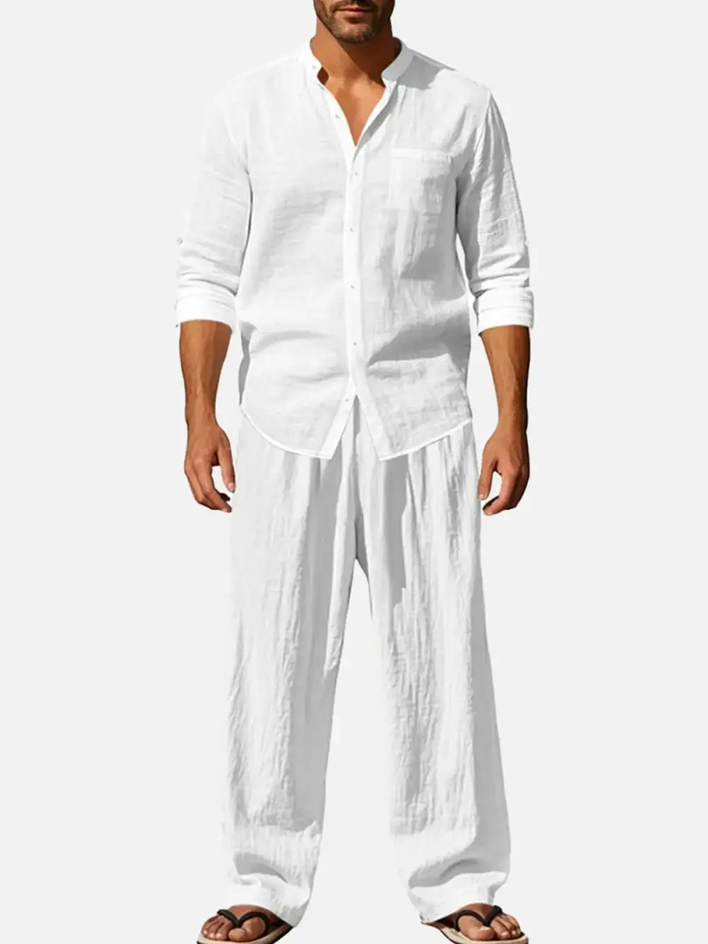 Linen Long Sleeve Elastic Waist Wide Leg Set Slow Living Linen Ensemble
