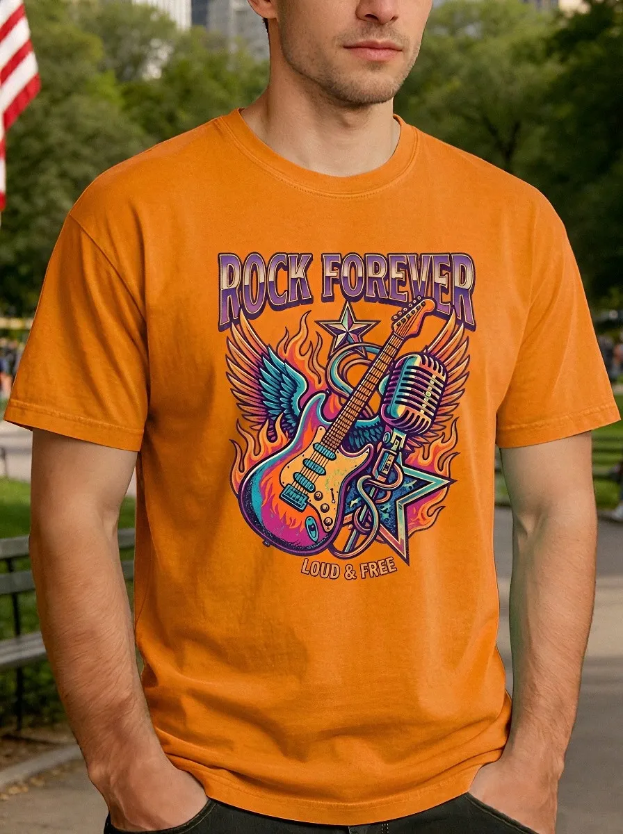 Men's Rock Music Lover Flaming Guitar Microphone Printed T-shirt