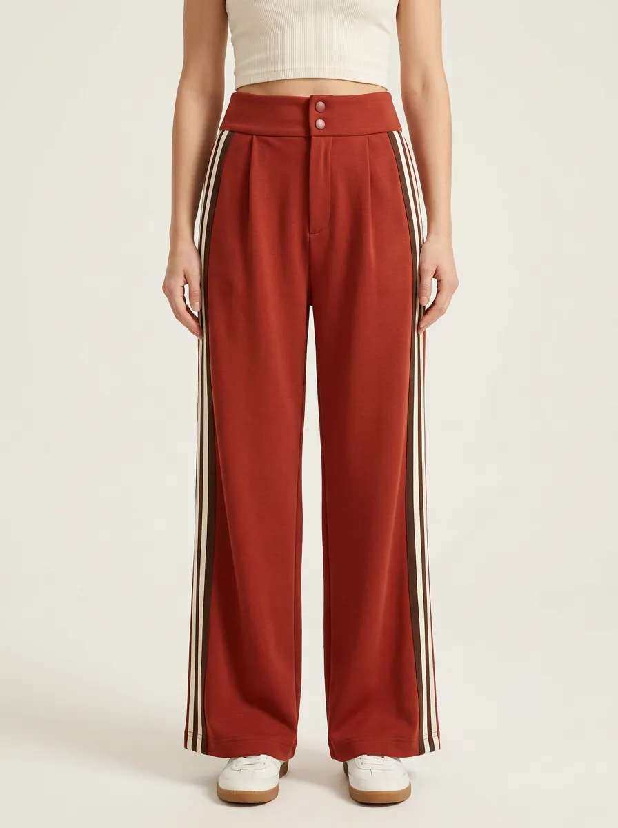 Women's High-Rise Double-Button Pleated Contrast-Stripe Wide-Leg Trousers