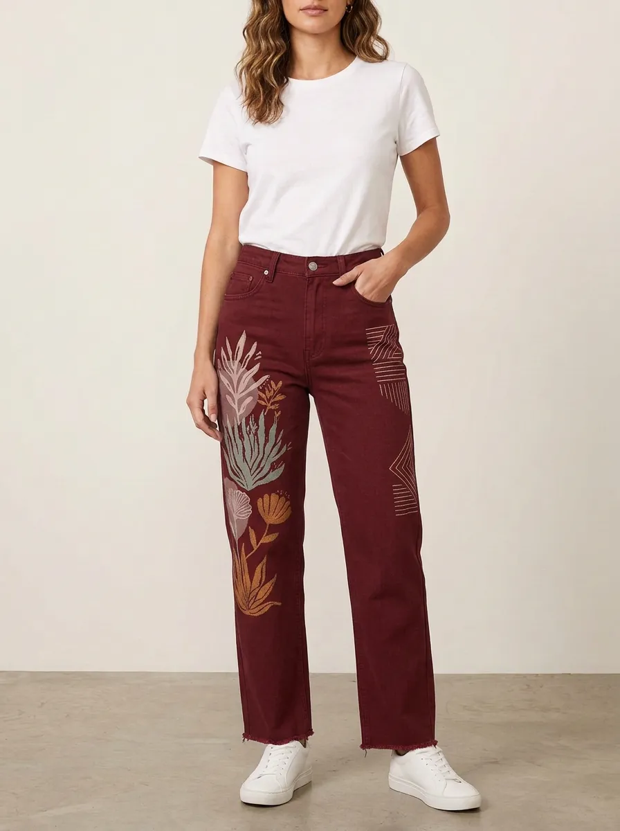 Women's Botanical Geometric Art Printed Straight Leg Jeans