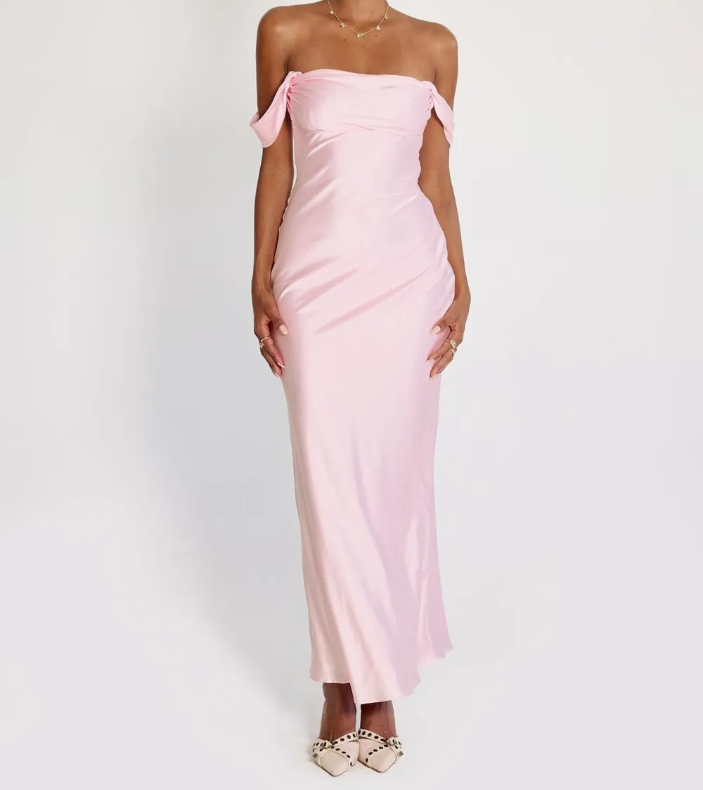 Pink Off-Shoulder Ruched Satin Maxi Dress