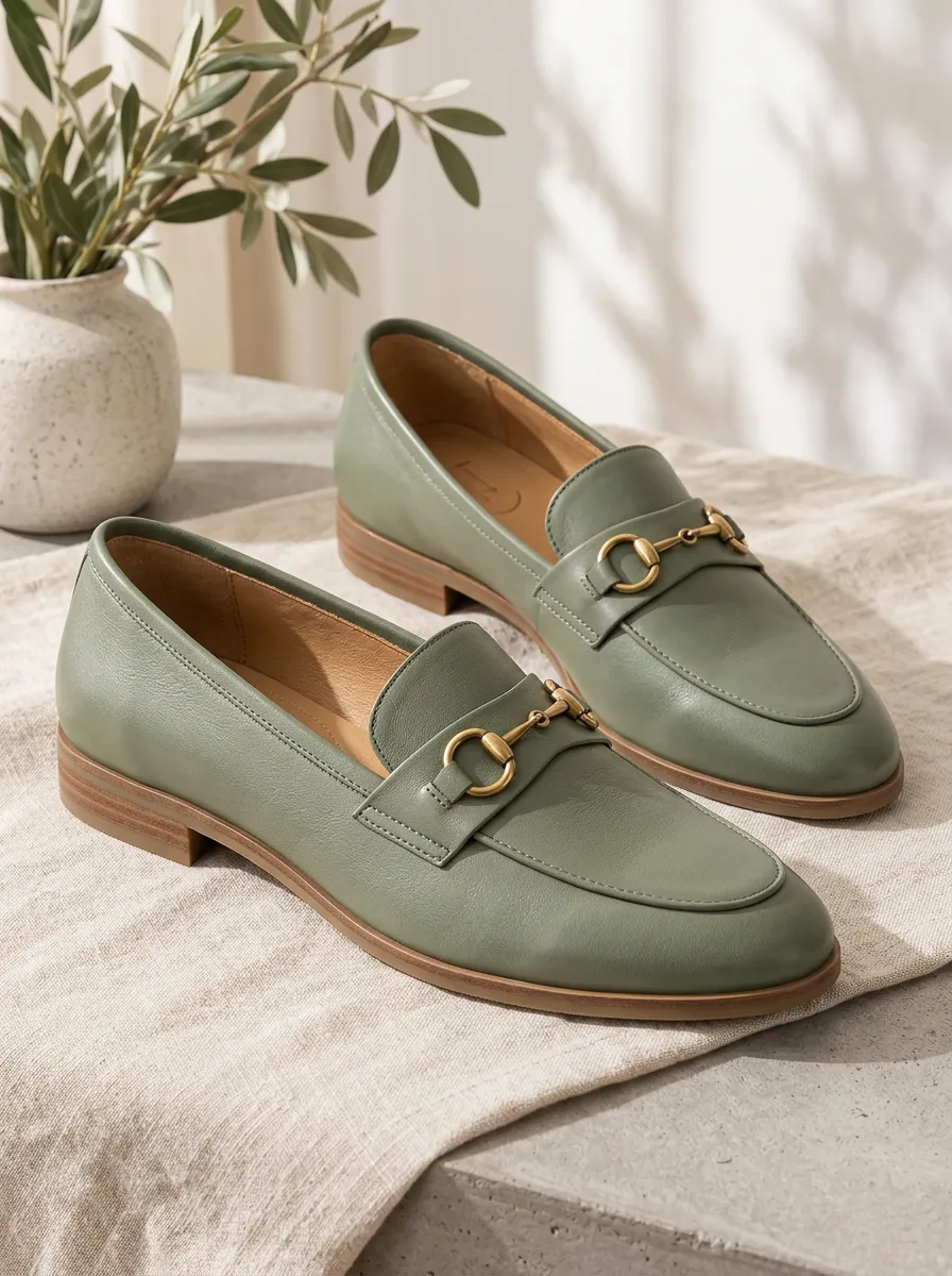 Unisex Sage Green Horsebit Leather Loafers